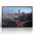 Large abstract wall art depicting Indianapolis skyline in muted gray and blue tones on a framed acrylic print.