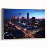 Framed landscape art painting of Indianapolis skyline in muted silver and black tones, ideal for office decor.