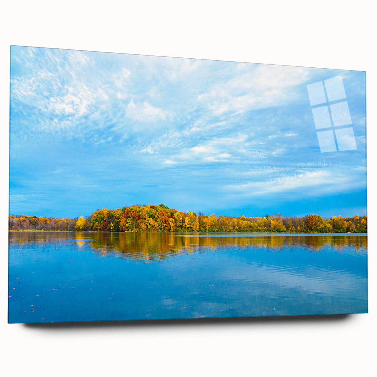 Large abstract wall art depicting a serene Indiana landscape in muted greens and blues, printed on acrylic glass.