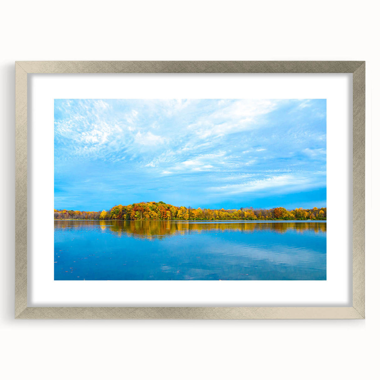 Textured abstract art print of Indiana scenery in muted earth tones, framed with a silver mat, suitable for bedroom decor.