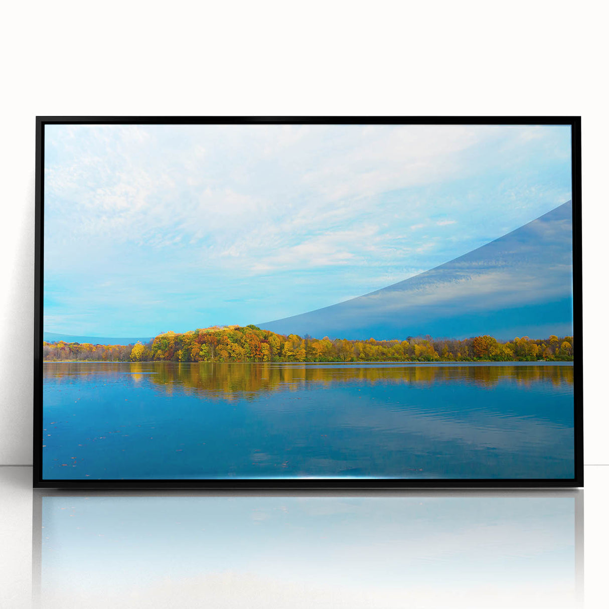 Large abstract wall art depicting a stylized Indiana landscape in muted earth tones, framed in black acrylic.
