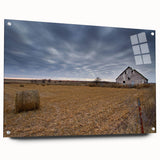 Acrylic print of a large abstract depiction of Iowa scenery in muted earth tones, suitable for bedroom or dining room decor.
