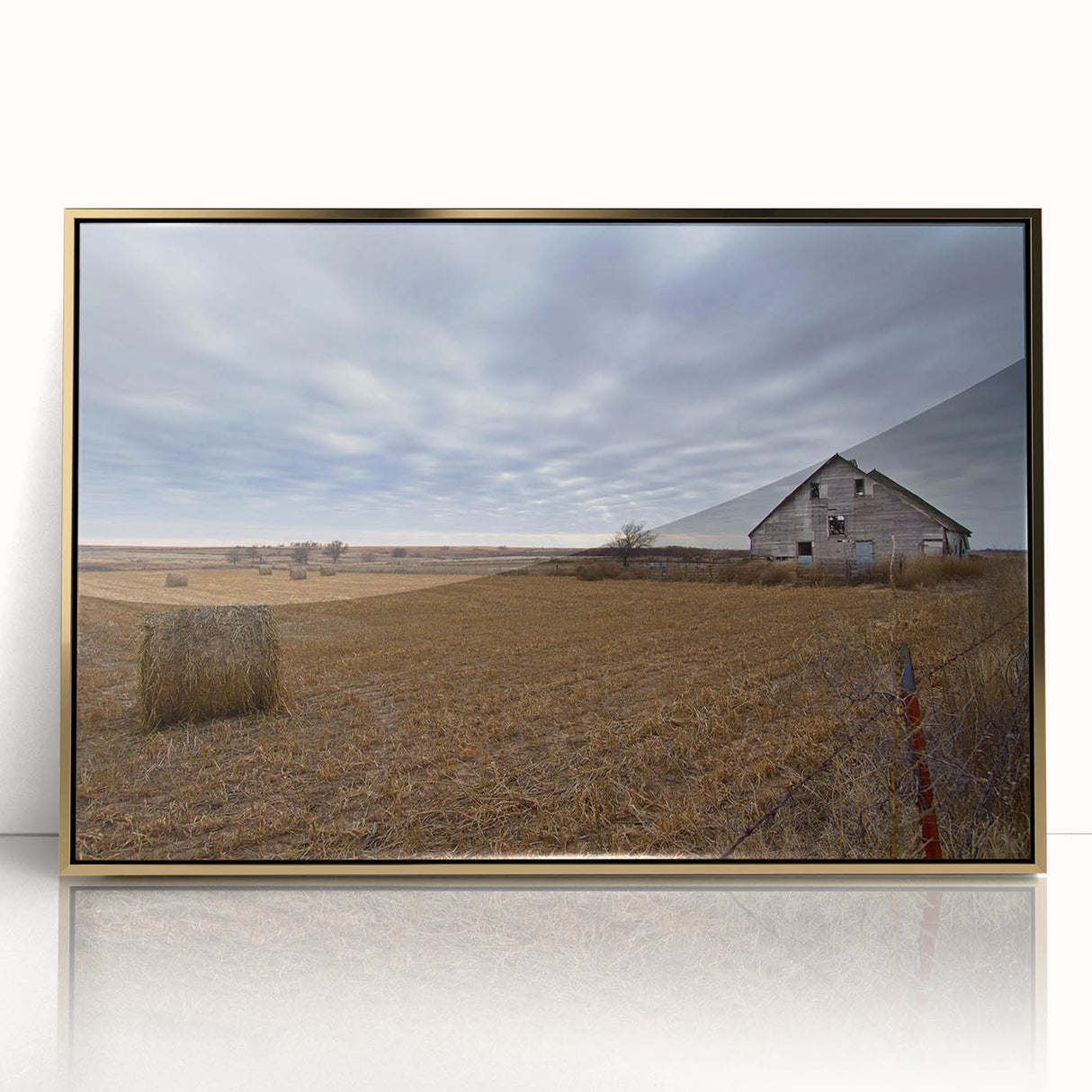 Large art print of a serene Iowa landscape in muted earth tones on a framed acrylic, ideal for modern art wall decor.