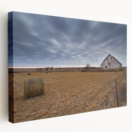 Large art depicting a serene Iowa landscape on stretched canvas, in muted green and blue tones, ideal for kitchen wall art.