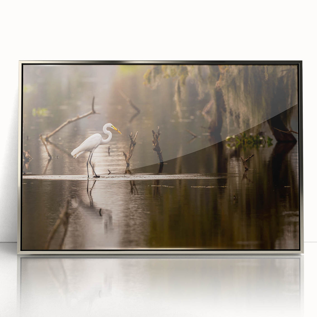 Mid-century modernist art depicting a Louisiana scenery in muted earth tones on a silver-framed acrylic print.
