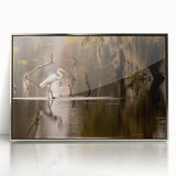 Mid-century modernist art depicting a Louisiana scenery in muted earth tones on a silver-framed acrylic print.