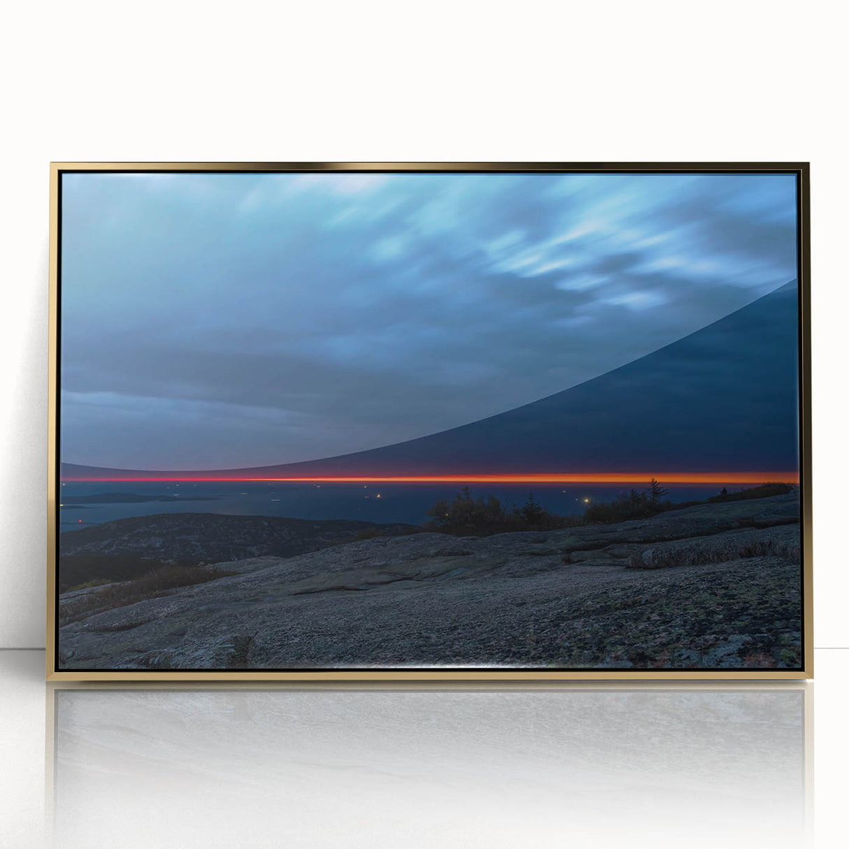 Acadia National Park landscape on framed acrylic, featuring mid-century modernist style in earthy tones.
