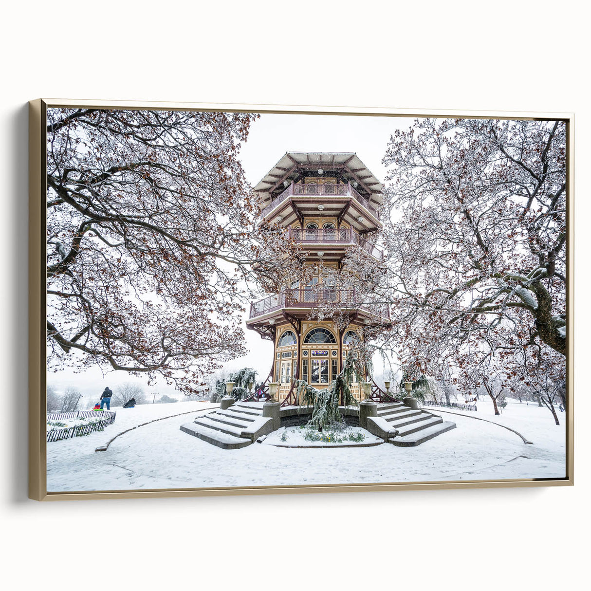 Framed canvas depicting a vintage-style Baltimore landscape in muted gold and black tones, ideal for bedroom wall art.