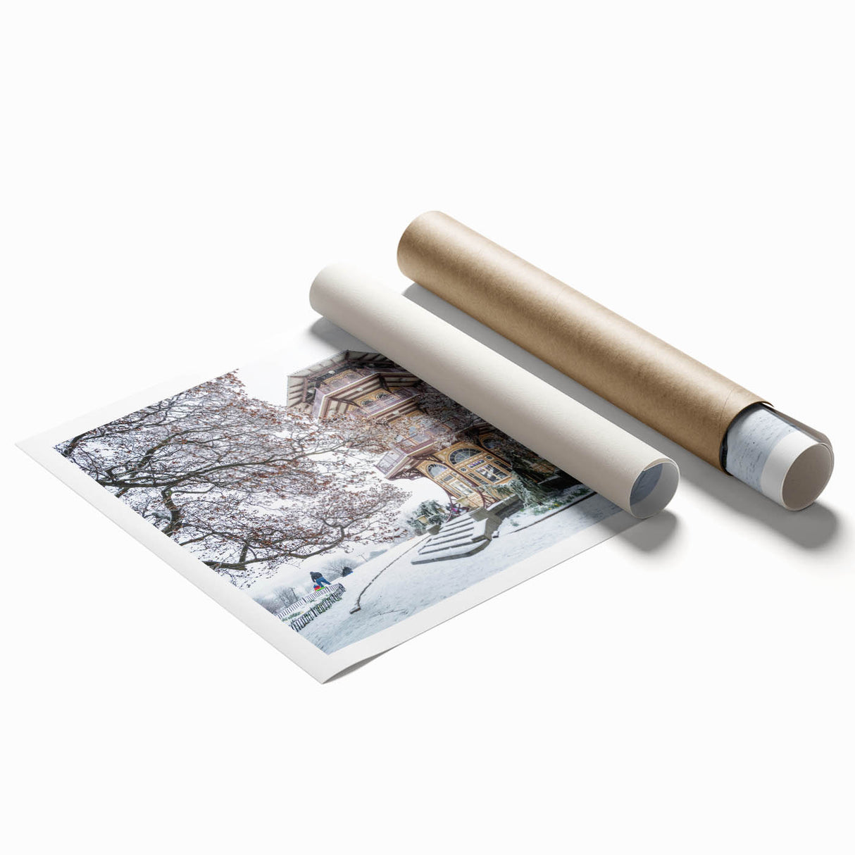 Extra large rolled print of Baltimore scenery with floral motifs in muted colors, ideal for classy bathroom wall art.