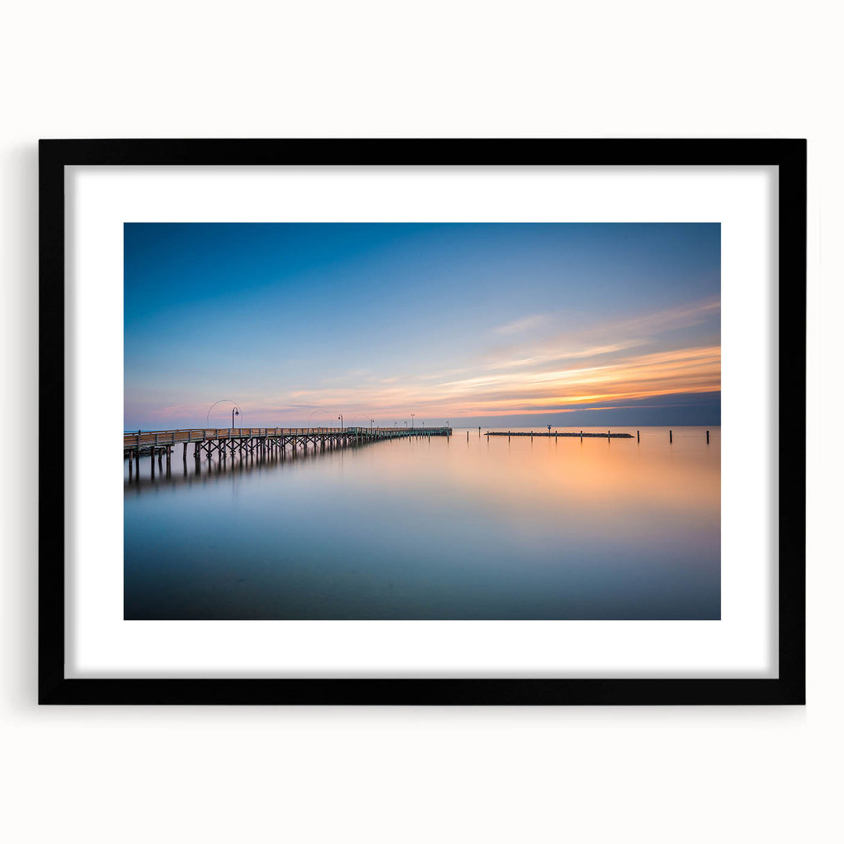 Extra large, textured abstract art print of Chesapeake Bay in colorful hues on a black framed canvas.