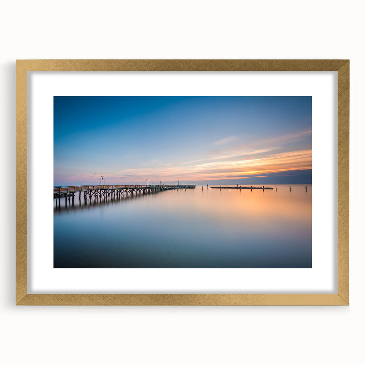 Extra large abstract art print of Chesapeake Bay in textured shades of blue and gray, framed in gold.