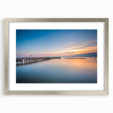 Textured art of abstract Chesapeake Bay in muted blue and green tones, silver-framed with mat, ideal for bedroom art.