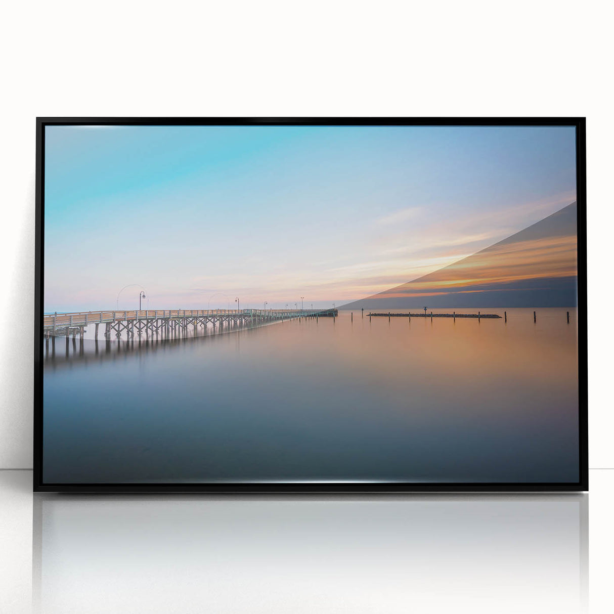Large abstract wall art of Chesapeake Bay in muted blue and gray tones on framed acrylic.