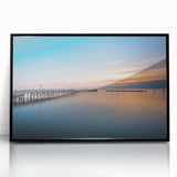 Large abstract wall art of Chesapeake Bay in muted blue and gray tones on framed acrylic.