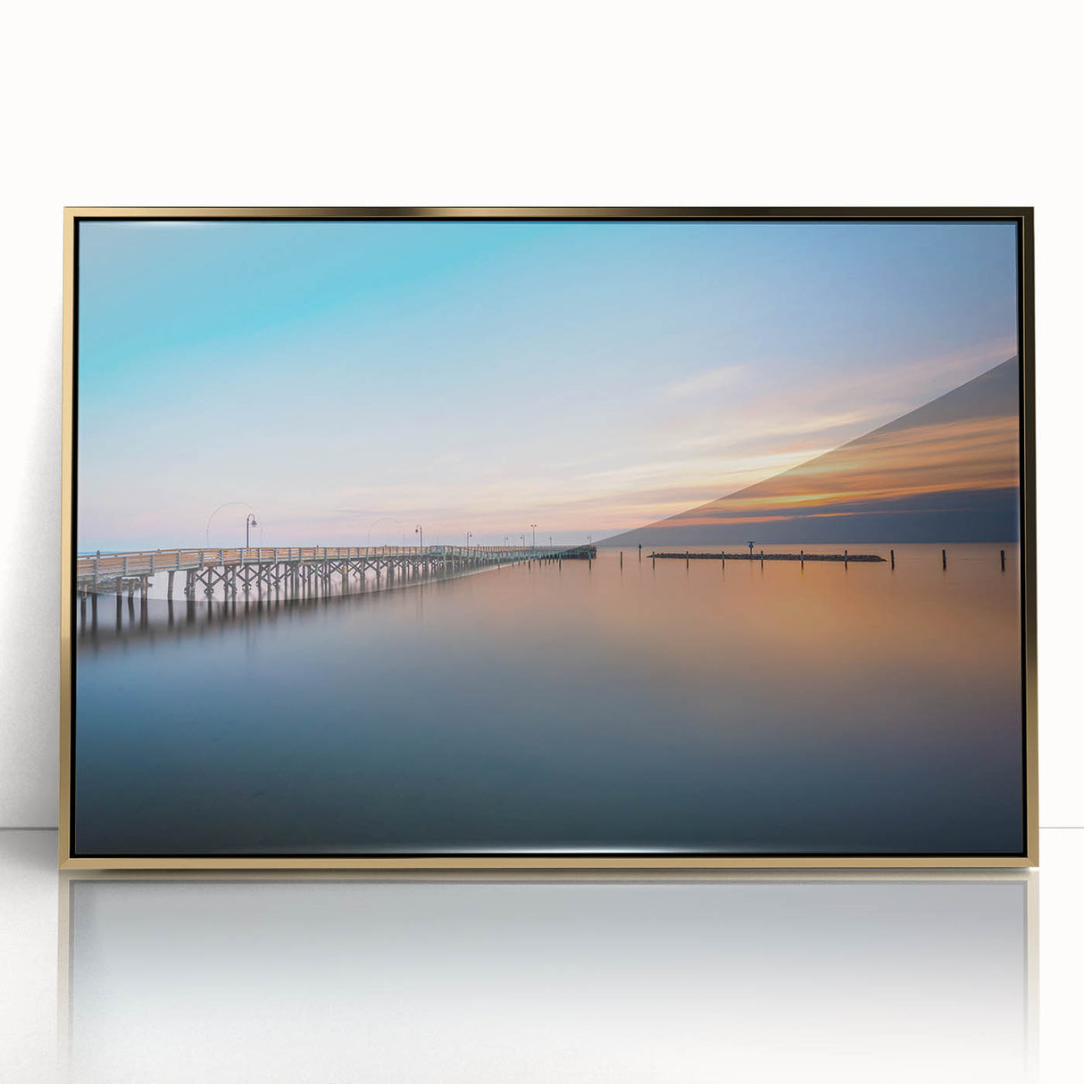 Large acrylic print of Chesapeake Bay with gold frame, in mid-century modernist style, suitable for modern art wall decor.