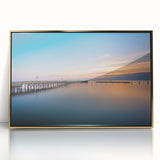 Large acrylic print of Chesapeake Bay with gold frame, in mid-century modernist style, suitable for modern art wall decor.