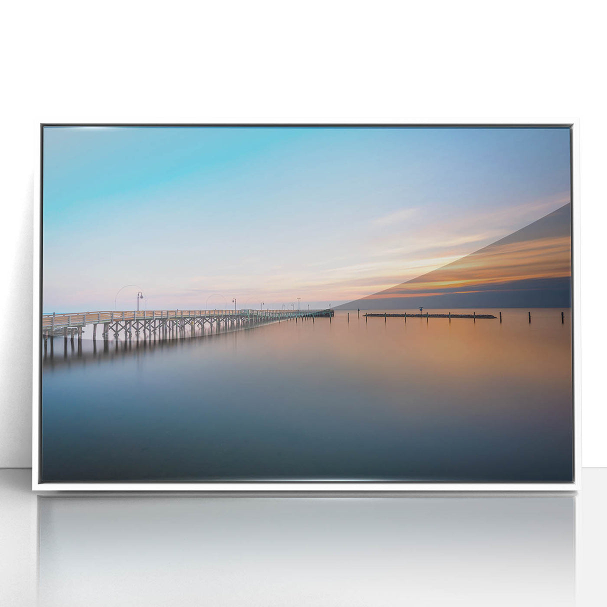Acrylic print of Chesapeake Bay in art deco style, with muted blue and white tones, ideal for modern art wall decor.