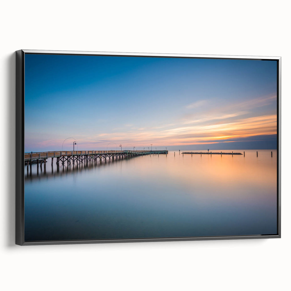 Black and white framed canvas of Chesapeake Bay landscape, ideal for bedroom wall art in vintage poster style.