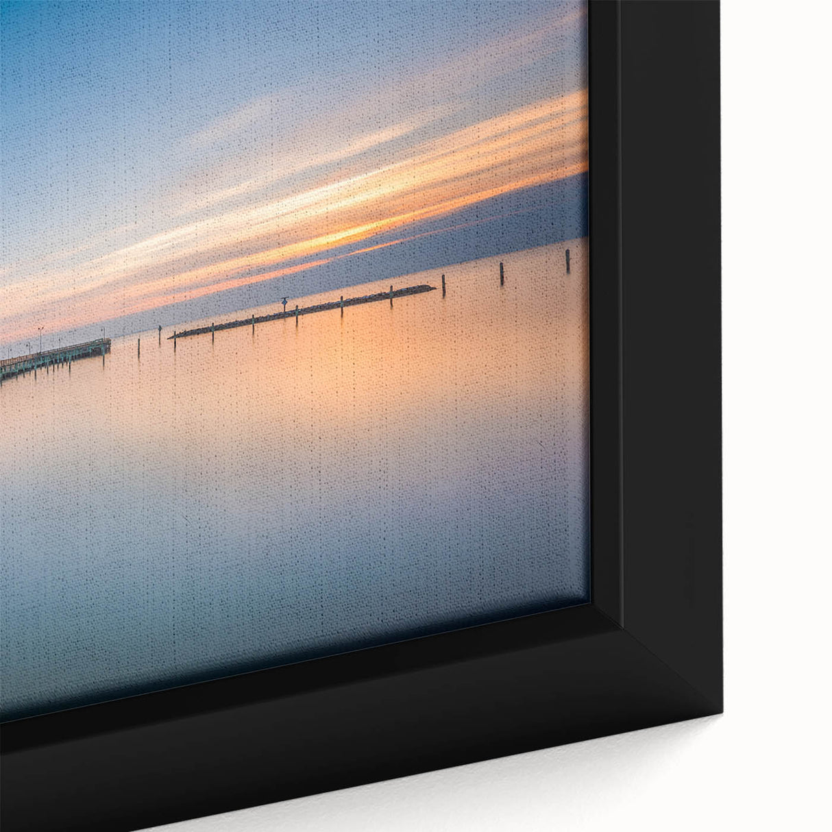 Extra large framed canvas featuring a textured depiction of Chesapeake Bay with vibrant sunset hues.