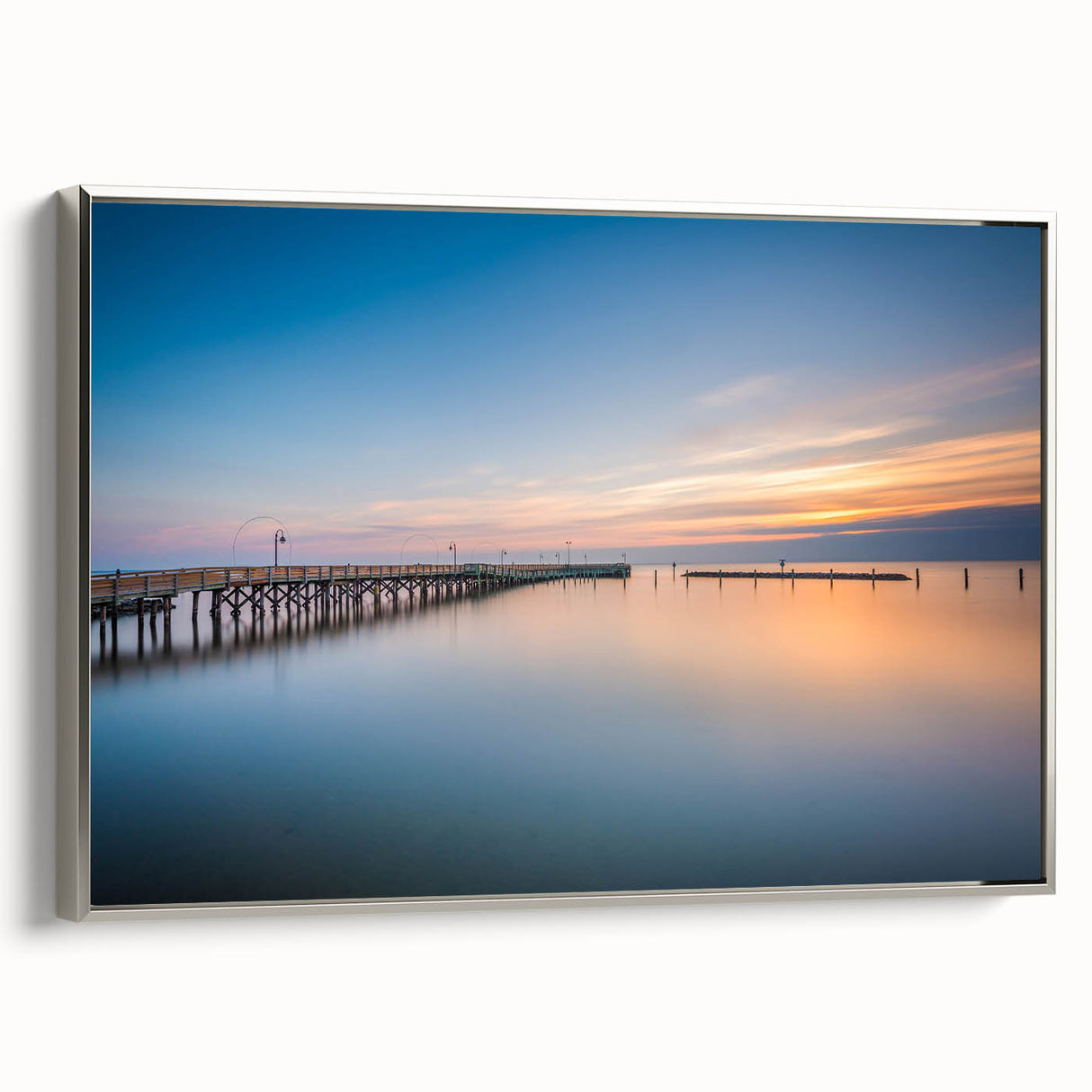 Framed canvas of Chesapeake Bay landscape in muted grays and blacks, ideal for bedroom wall art.