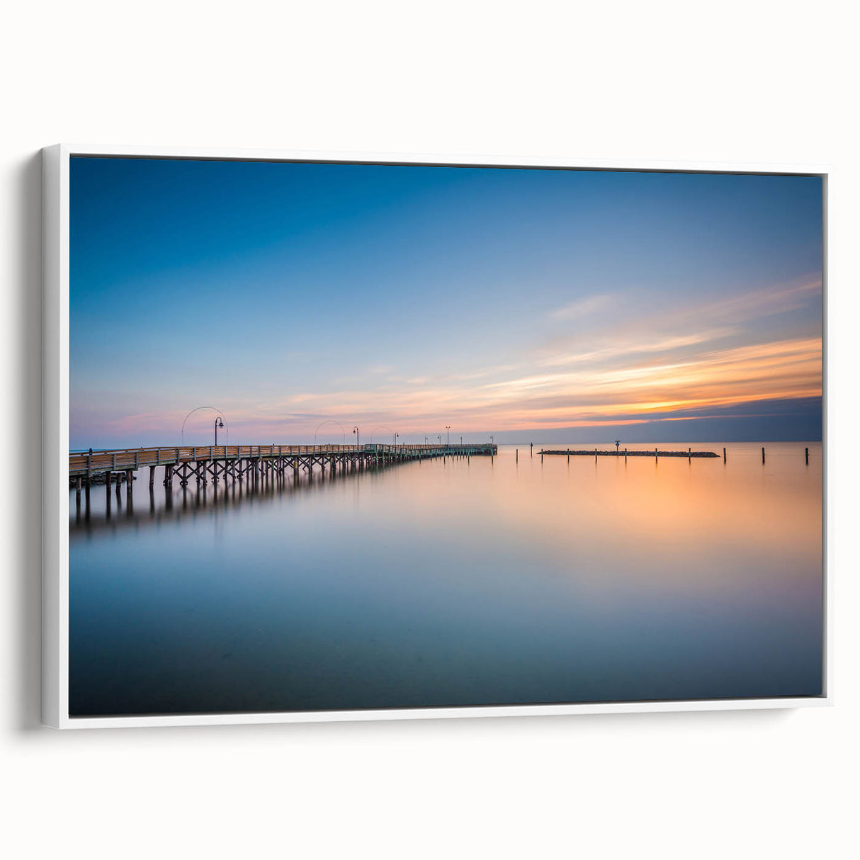 Framed canvas of a vintage poster depicting Chesapeake Bay landscape in muted colors, ideal for living room decor.