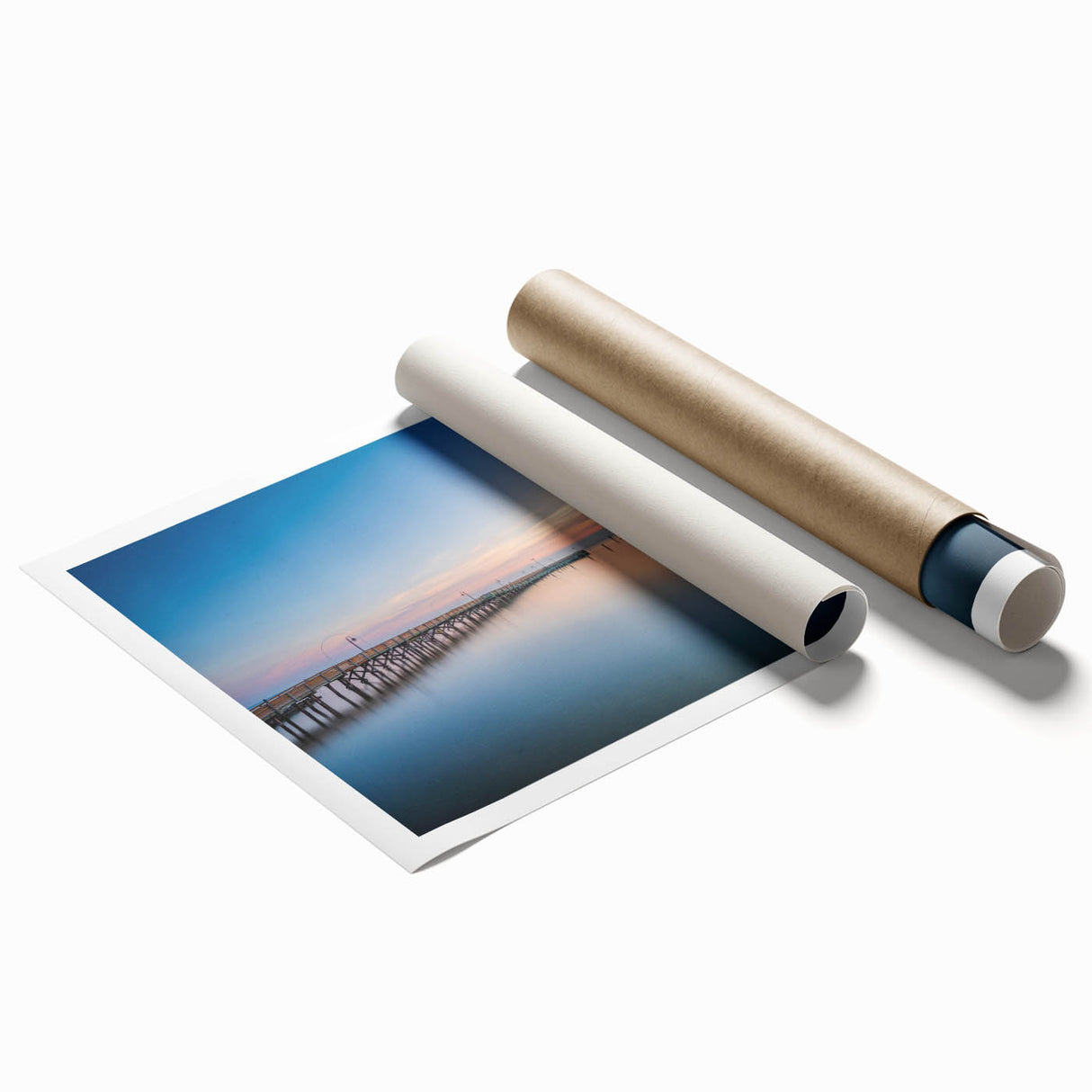 Rolled print of Chesapeake Bay with soft blue and green tones, ideal for classy bathroom wall art.