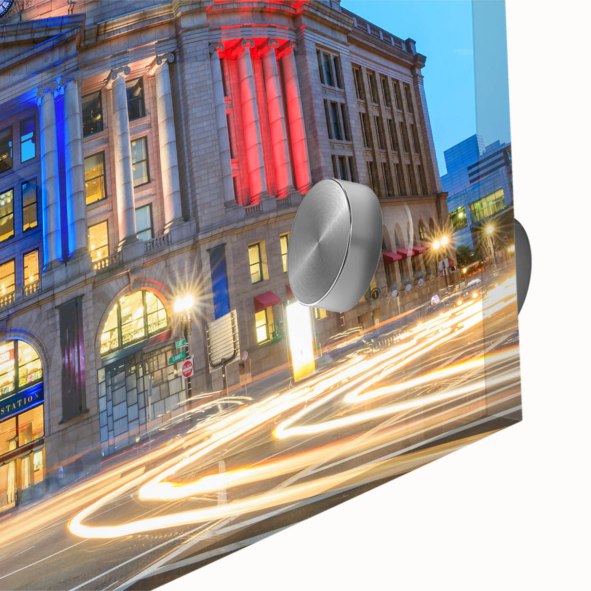 Large abstract wall art of Boston skyline in muted blues and grays on acrylic glass, ideal for dining room ambiance.