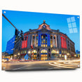 Acrylic print of a large abstract depiction of the Boston skyline in muted blues and grays.