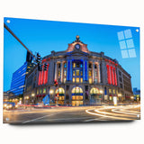 Acrylic print of a large abstract depiction of the Boston skyline in muted blues and grays.