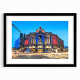 Colorful abstract art print of Boston skyline in vibrant hues on a large textured canvas, ideal for living room decor.