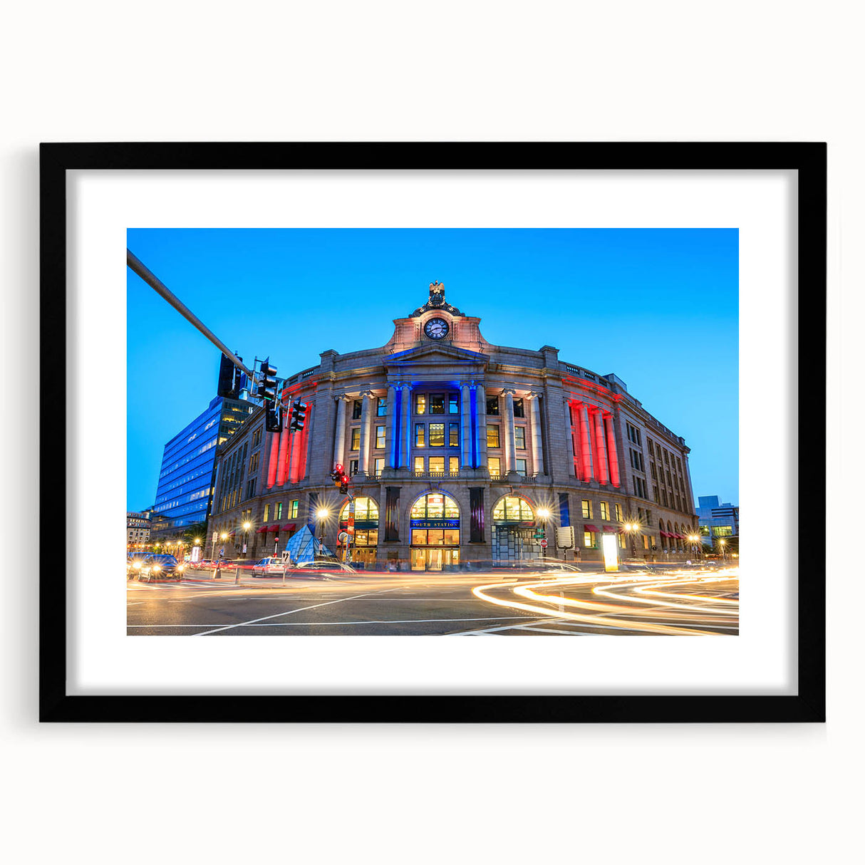 Colorful abstract art print of Boston skyline in vibrant hues on a large textured canvas, ideal for living room decor.