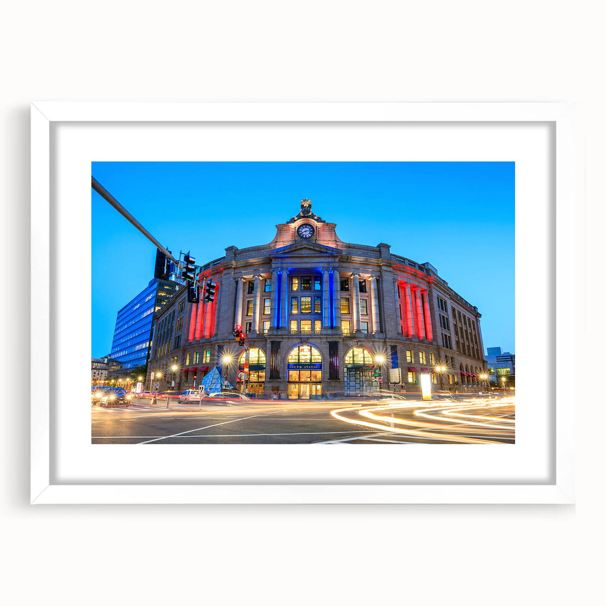 Abstract art print of Boston skyline in muted blue tones on a white framed canvas, suitable for dining room decor.