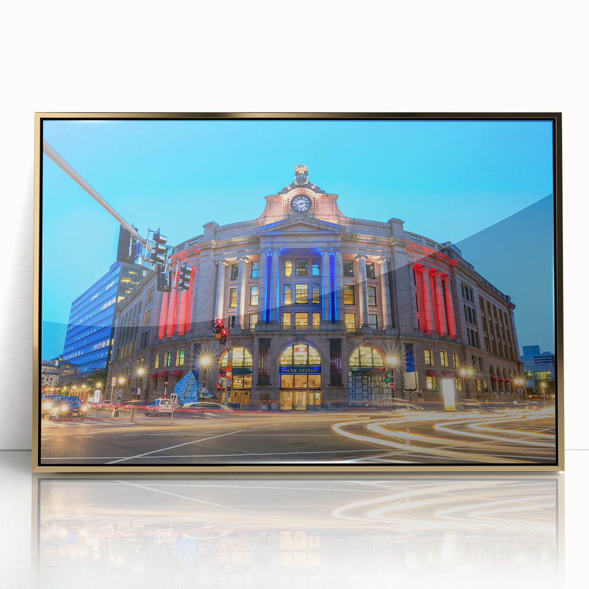 Framed acrylic print of Boston skyline in gold and black tones, suitable for modern art wall decor.