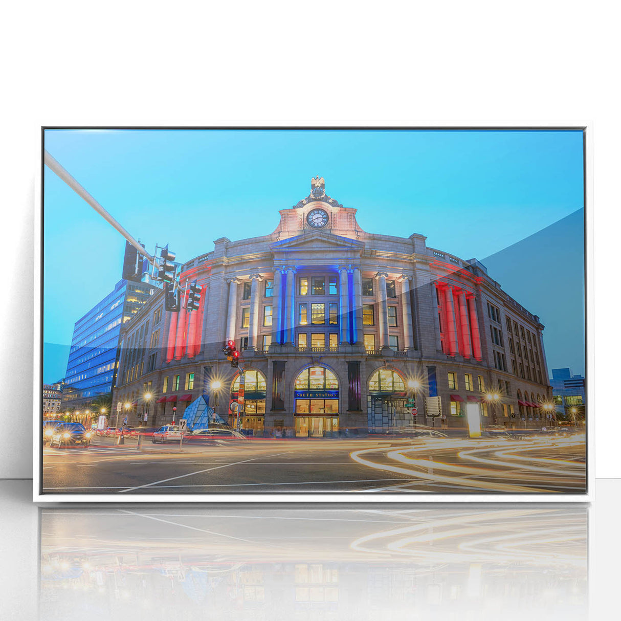 Acrylic print of Boston skyline in art deco style with muted blue tones, ideal for modern art wall decor in a nursery.