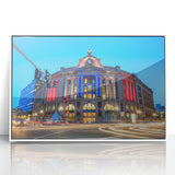 Acrylic print of Boston skyline in art deco style with muted blue tones, ideal for modern art wall decor in a nursery.