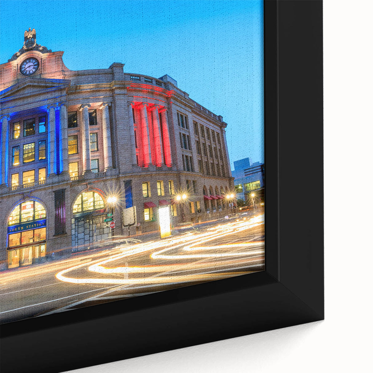 Extra large framed canvas featuring a textured depiction of the Boston skyline in black with colorful art accents.