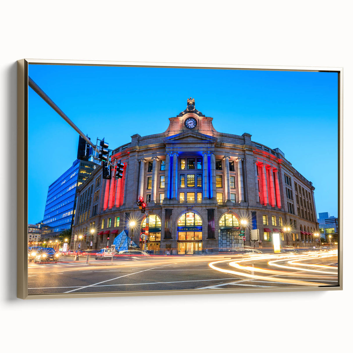 Framed canvas featuring a vintage-style Boston landscape in black and gold tones, ideal for bedroom wall decor.