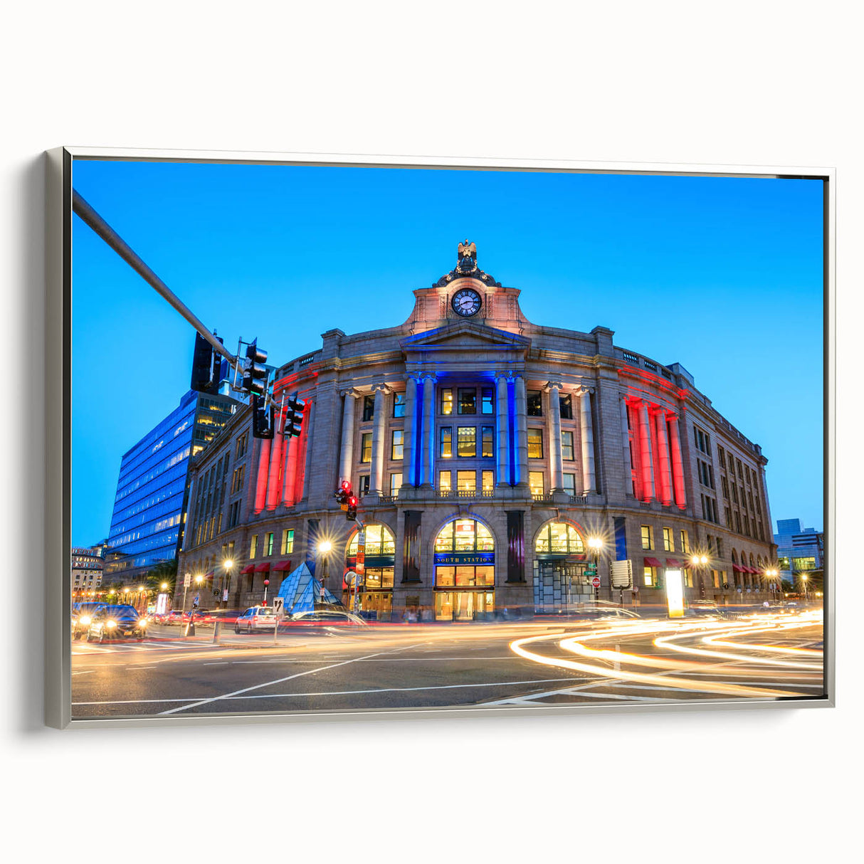 Vintage poster art of Boston skyline in colorful hues on a large framed canvas, ideal for living room decor.