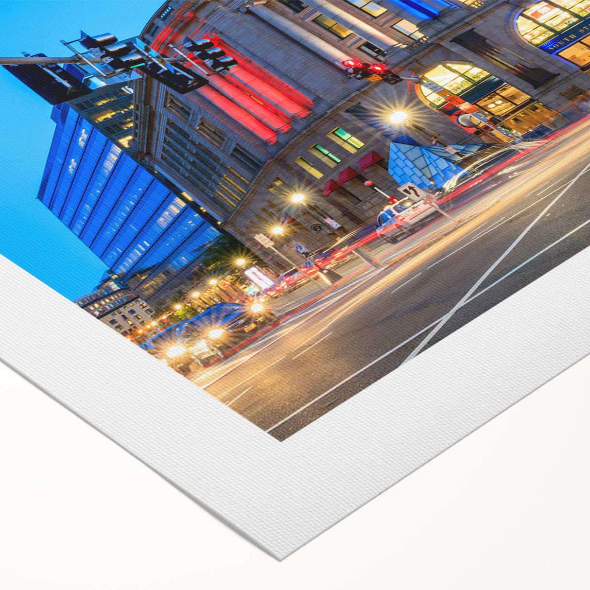 Art deco poster of Boston skyline in muted blue and gray tones on rolled canvas, suitable for dining room wall art.