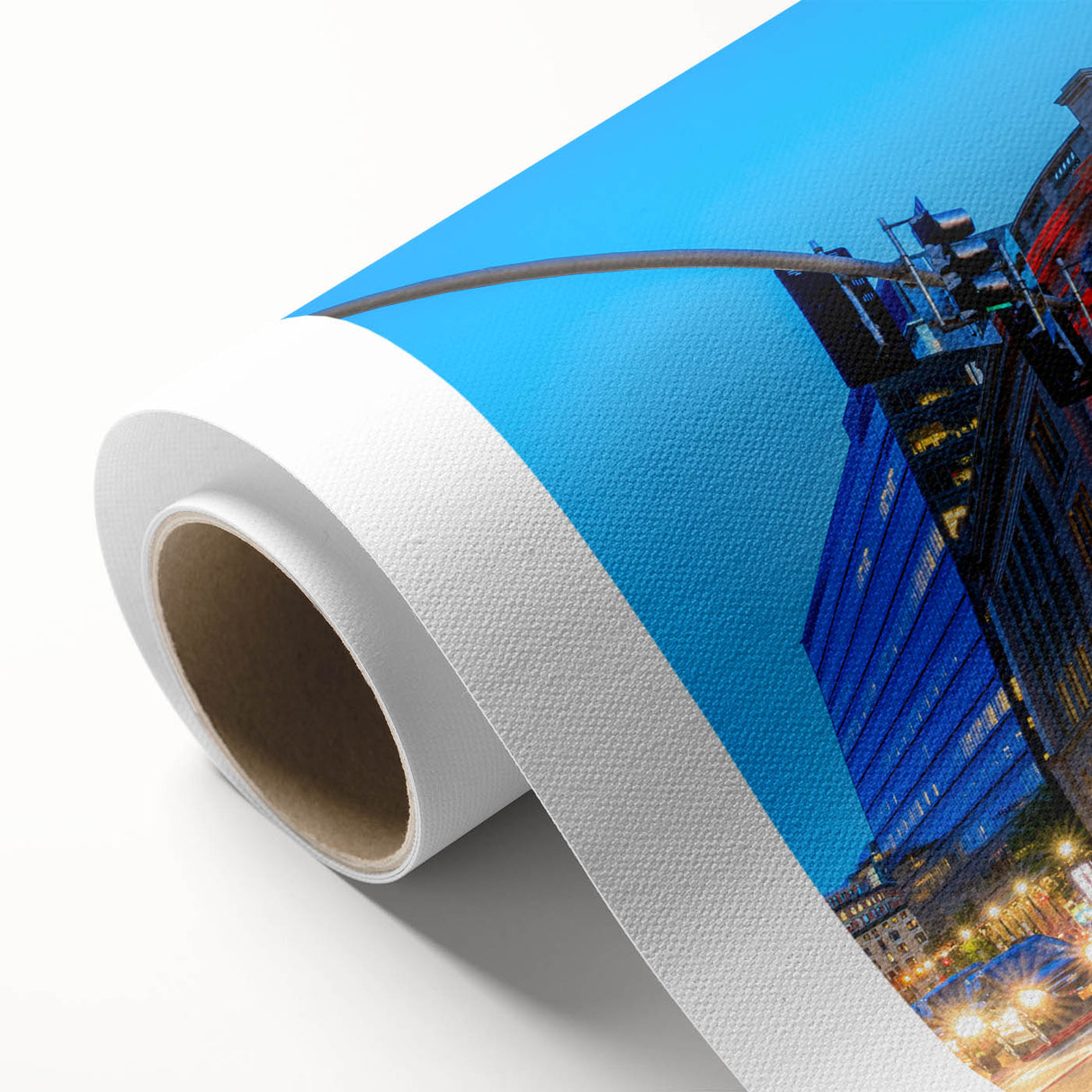 Art deco poster of Boston skyline in muted blue and gray tones on rolled canvas, suitable as nursery wall art.
