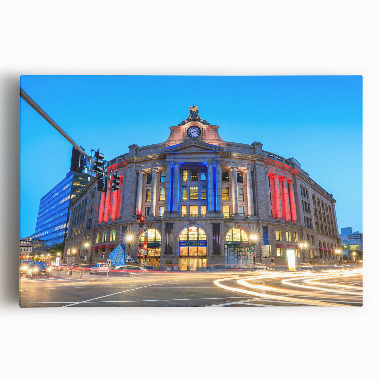 Black and white stretched canvas depicting the Boston skyline, ideal for kitchen wall art.