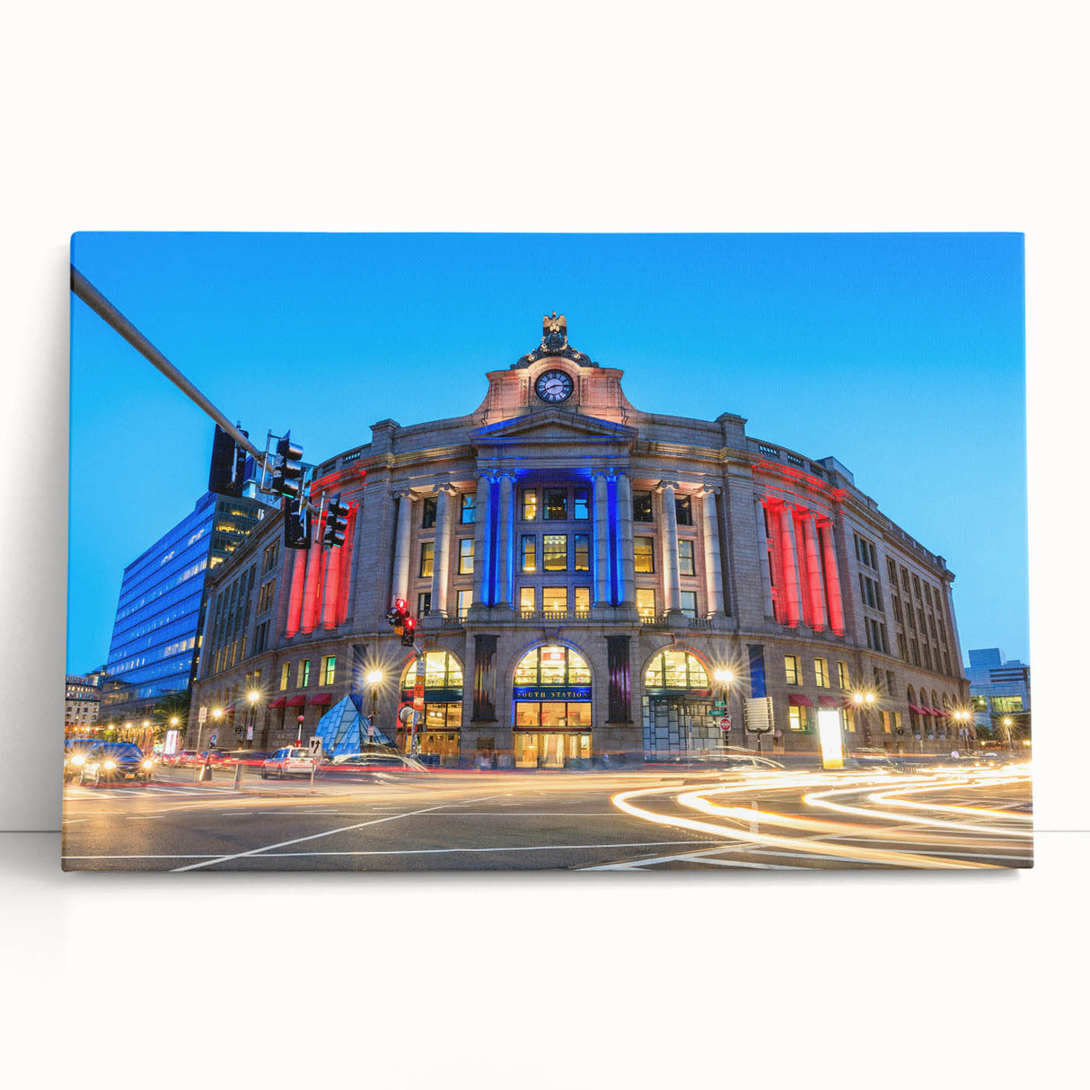 Black and white photo of Boston skyline on large stretched canvas, ideal for kitchen wall art.