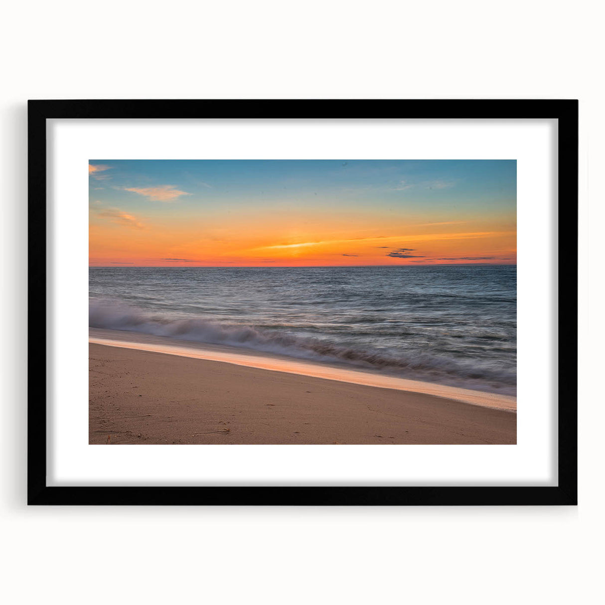 Colorful abstract art print of a textured Massachusetts Nantucket scenery in a large black frame.