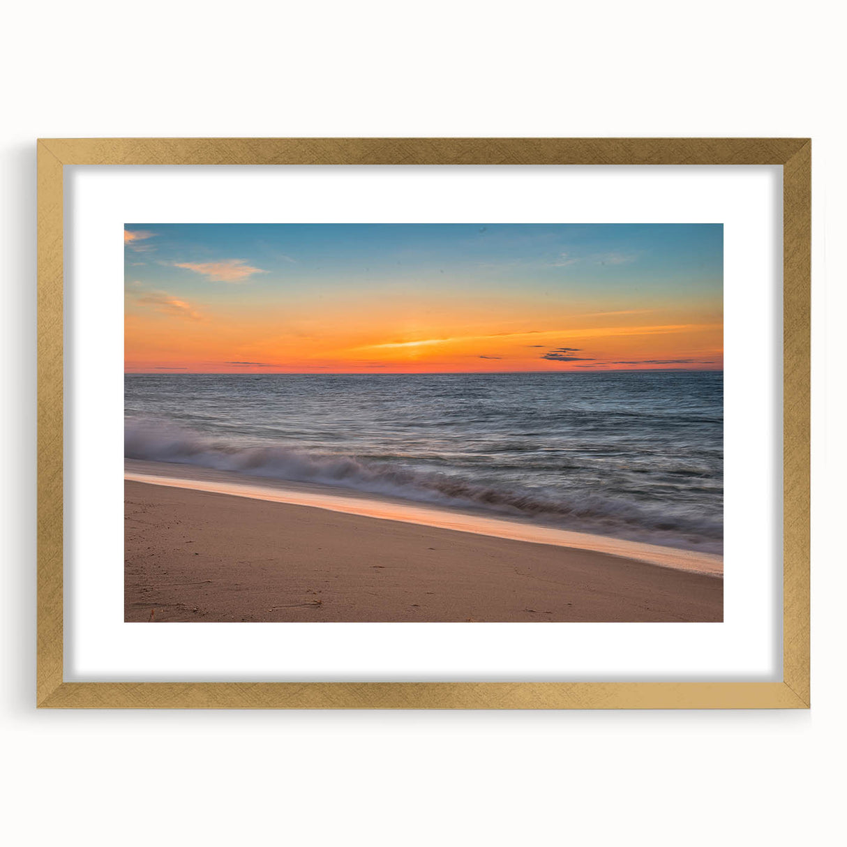 Extra large abstract art print of a textured Massachusetts Nantucket scenery in gold frame, ideal for living room decor.
