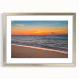 Textured abstract art print of Nantucket scenery in muted blue and gray tones, framed in silver, ideal for bedroom art.