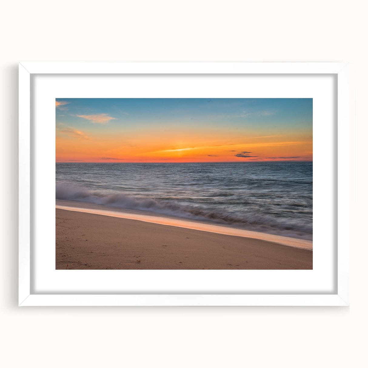 Abstract art print of Massachusetts Nantucket scenery in muted blue and white tones, framed with a white mat.