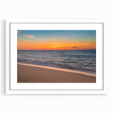 Abstract art print of Massachusetts Nantucket scenery in muted blue and white tones, framed with a white mat.