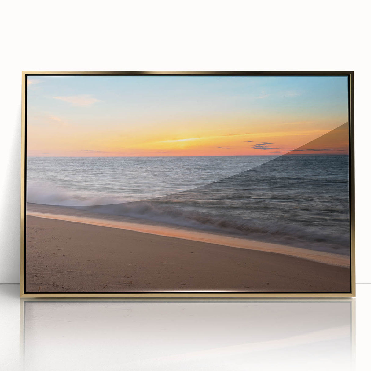Acrylic print of Nantucket landscape in gold frame, featuring muted earth tones, ideal for modern art wall decor.