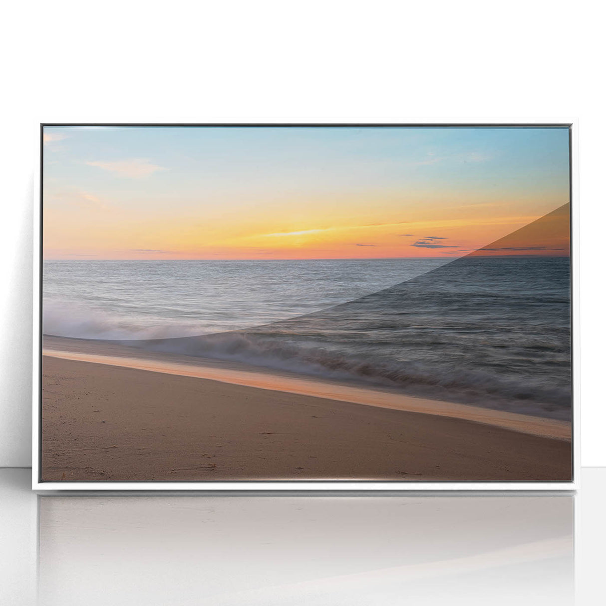 Acrylic print of a serene Nantucket landscape in soft pastel colors, framed in white, ideal for nursery wall art.