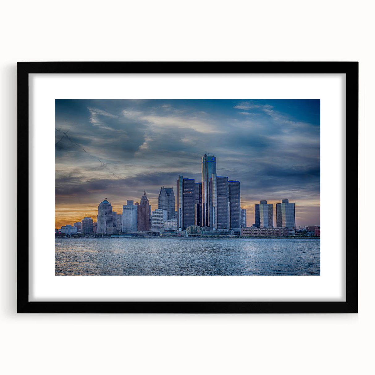 Extra-large framed abstract art print of colorful textured Detroit skyline, ideal for living room decor.